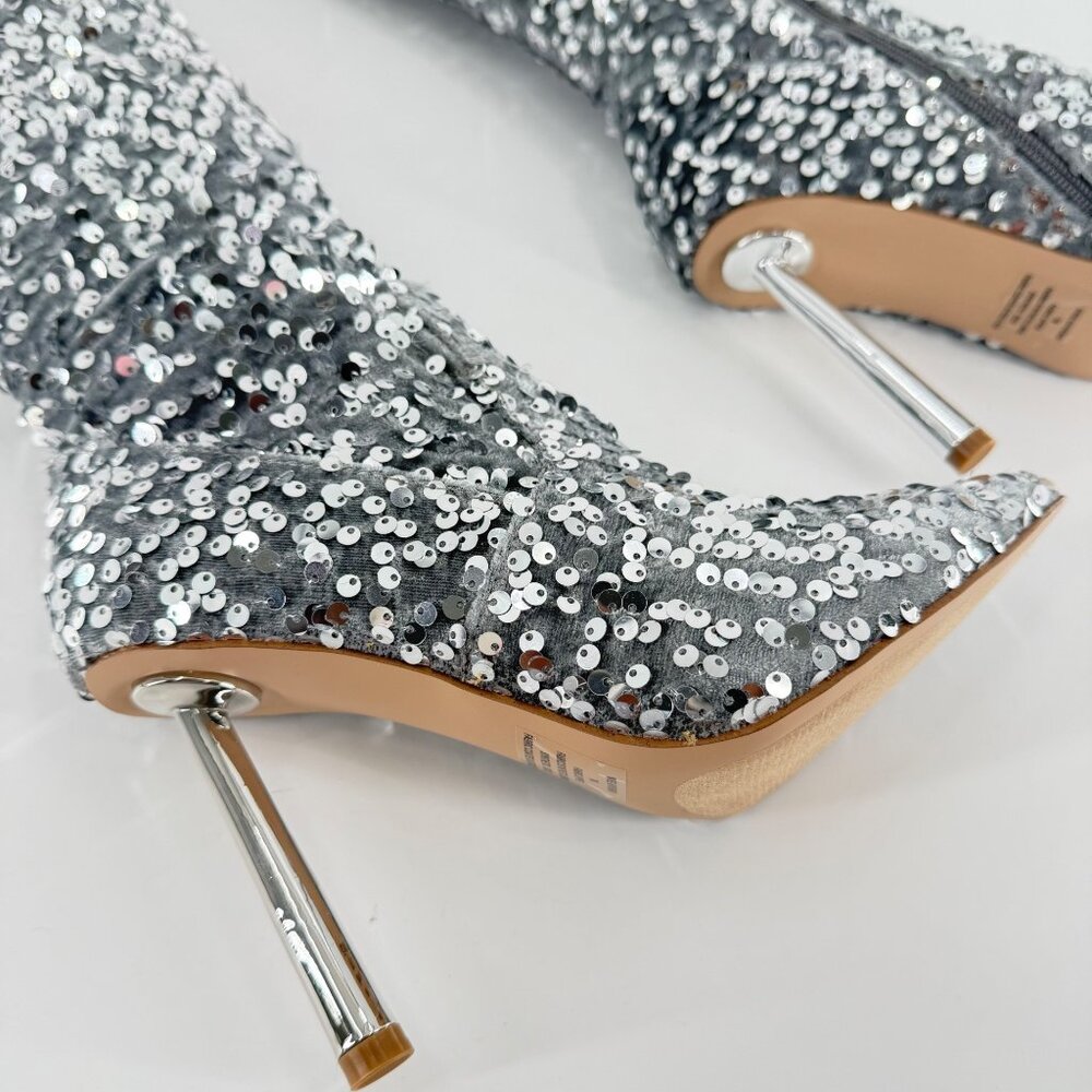 Steve Madden Silver Sequin Over-The-Knee Pointed Toe Stiletto Heel Boots Size 7 - Picture 13 of 15